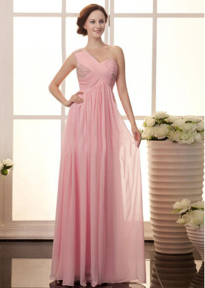 Pink Chiffon Beads One Shoulder Long Prom Dress